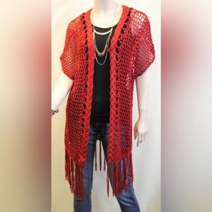 Umgee Vibrant Red Knit Cardigan with Fringe oversized small